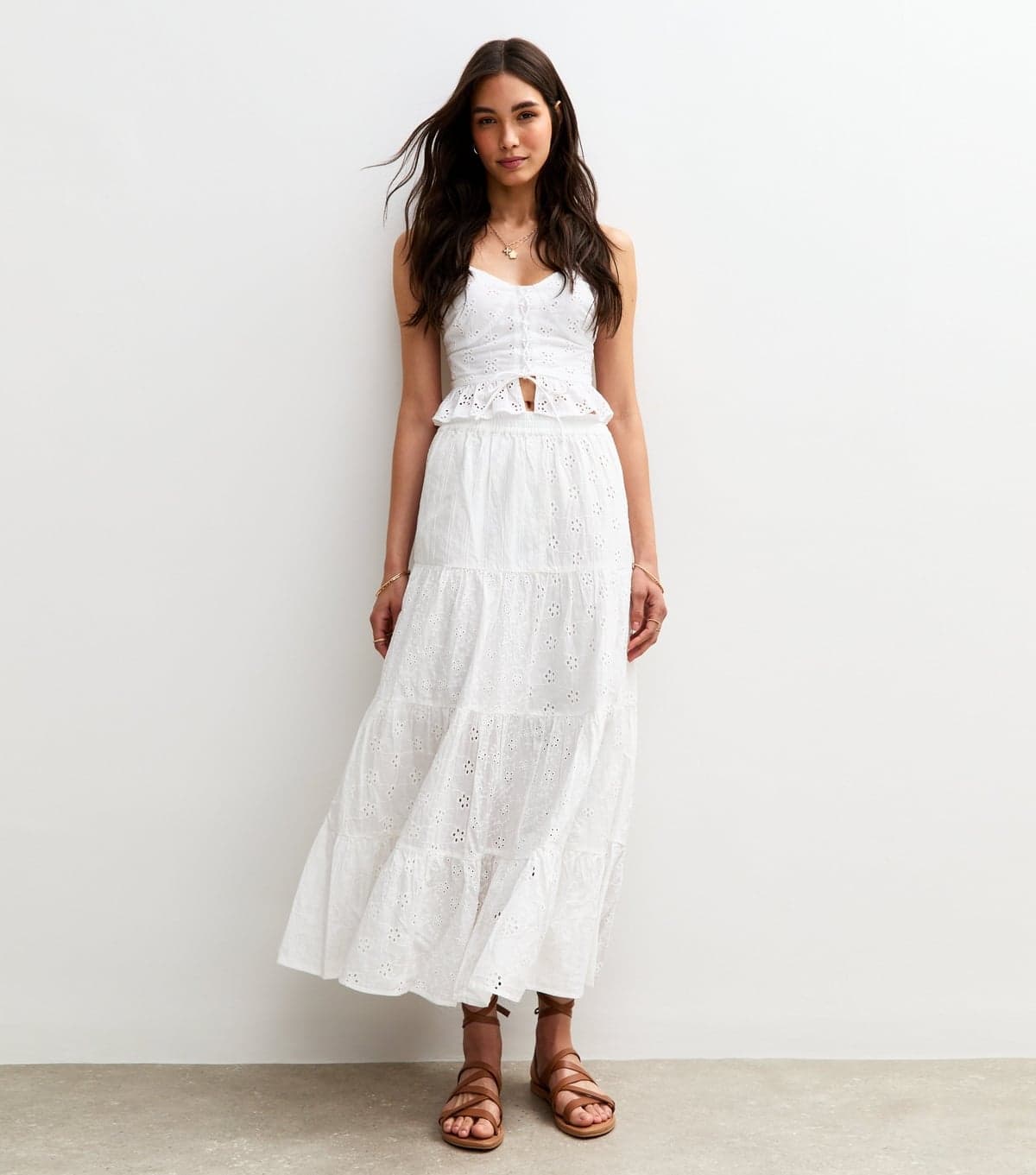 New Look Women's White Broderie Anglaise Tiered Midi Skirt New Look