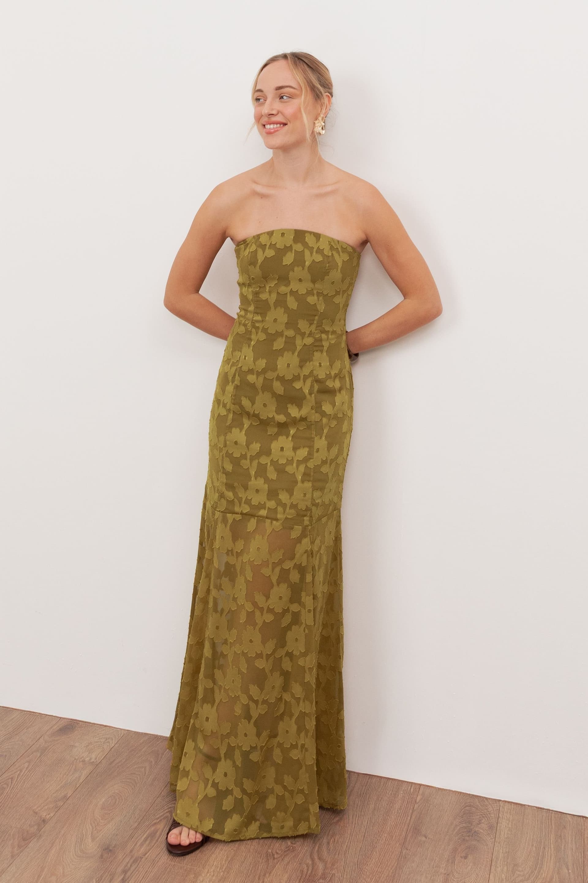 Anaya with Love Anaya with Love Women's Floral Burnout Bandeau Maxi Dress in Dark Olive