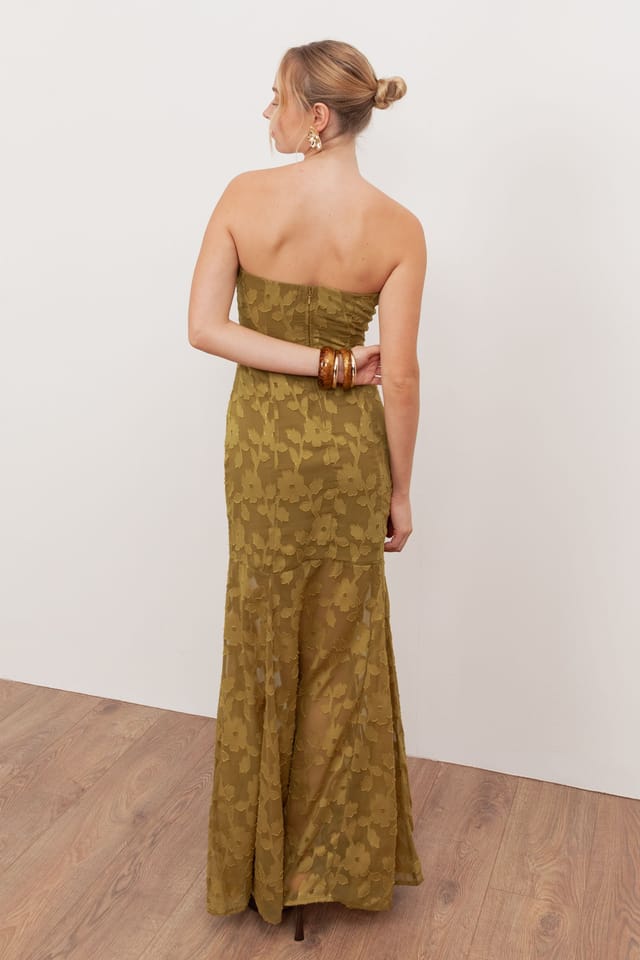 Anaya with Love Anaya with Love Women's Floral Burnout Bandeau Maxi Dress in Dark Olive - 2