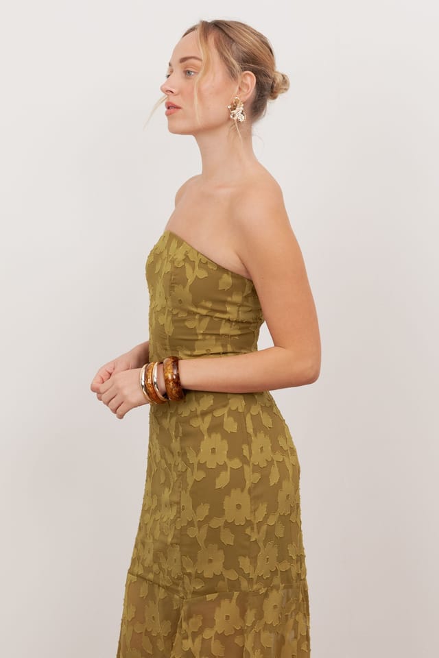 Anaya with Love Anaya with Love Women's Floral Burnout Bandeau Maxi Dress in Dark Olive - 3