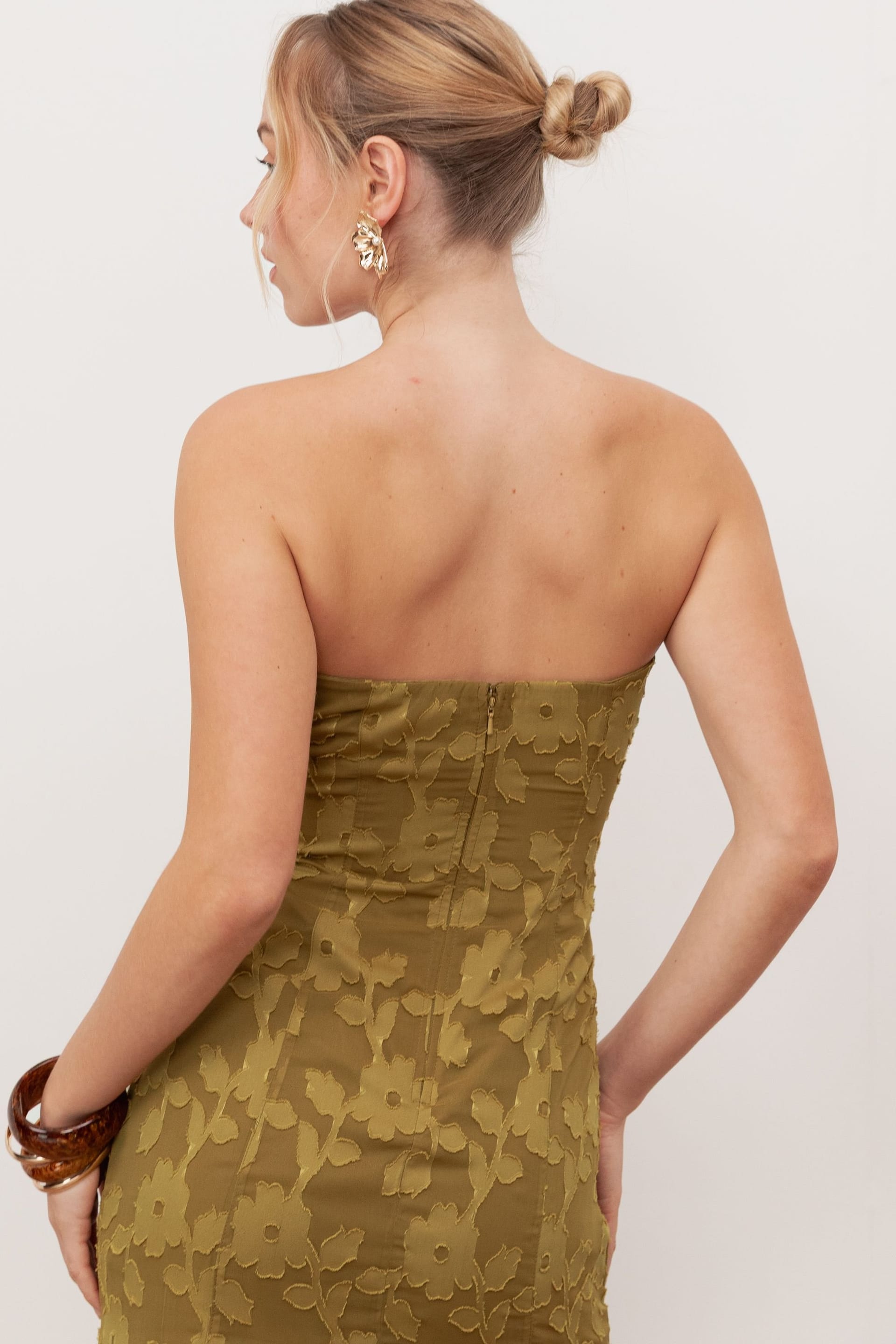 Anaya with Love Anaya with Love Women's Floral Burnout Bandeau Maxi Dress in Dark Olive - 4