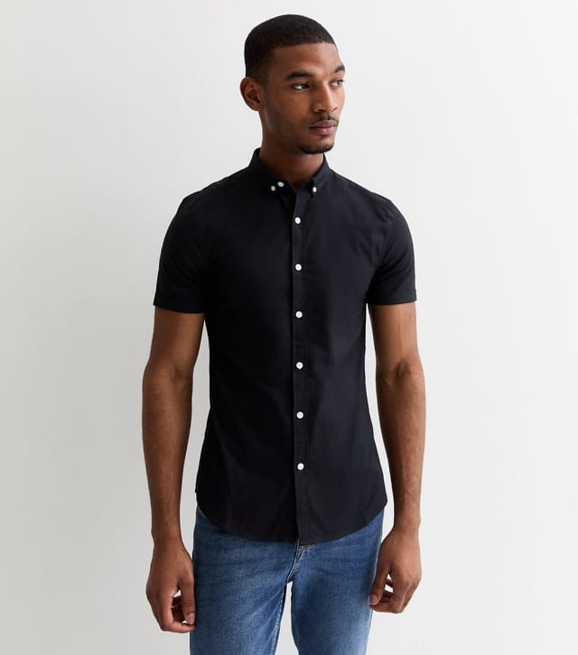 New Look Men's Black Short Sleeve Muscle Fit Oxford Shirt New Look - 2