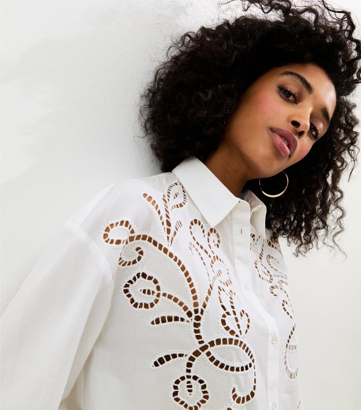 New Look Women's Off White Poplin Lace Embroidered Shirt New Look