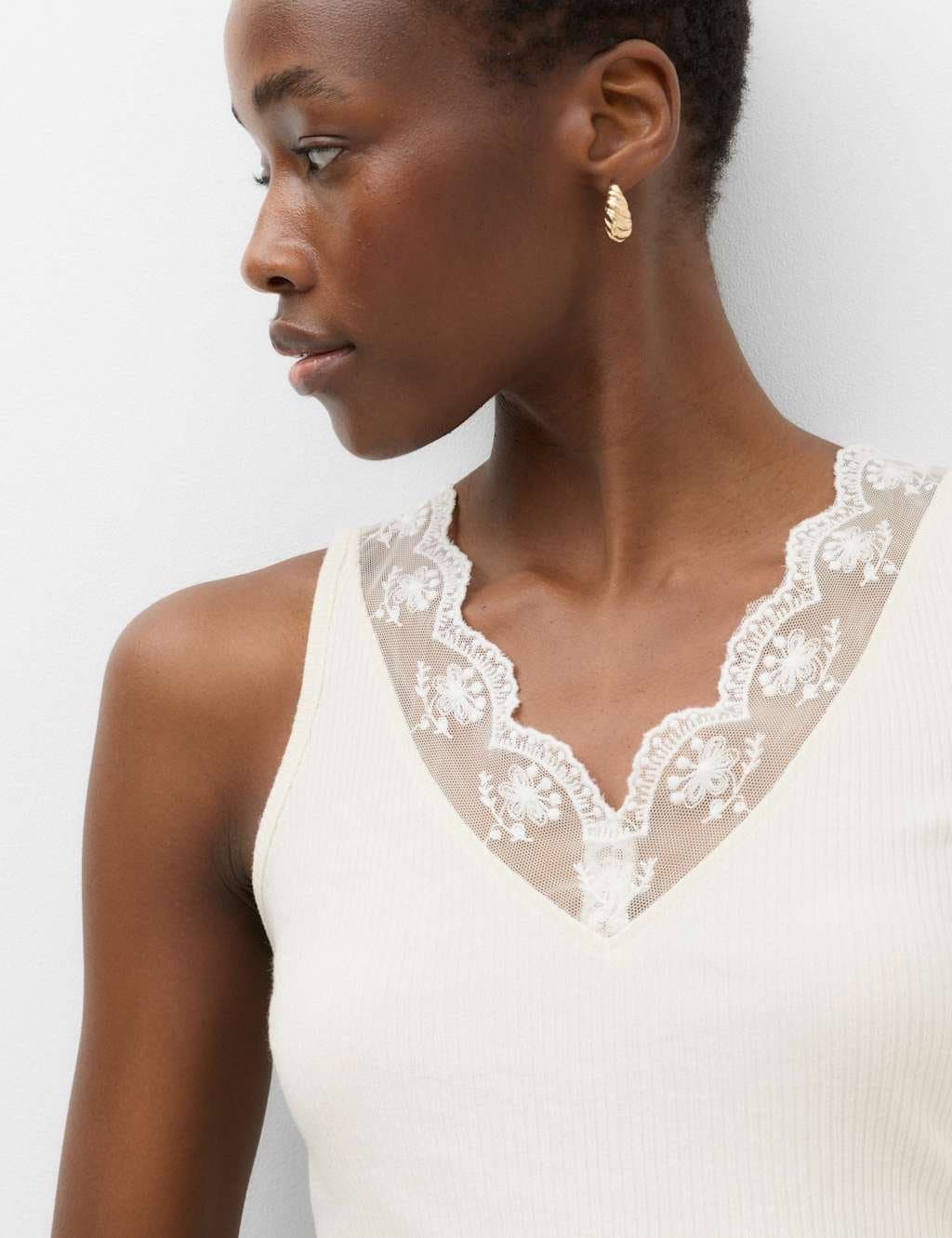 Marks & Spencer M&S Ribbed Lace Trim Vest Cream