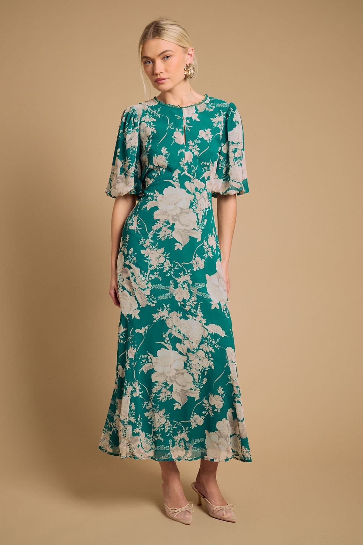 Oasis Oasis Women's Puff Sleeve Trim Detail Panelled Tea Dress in Green