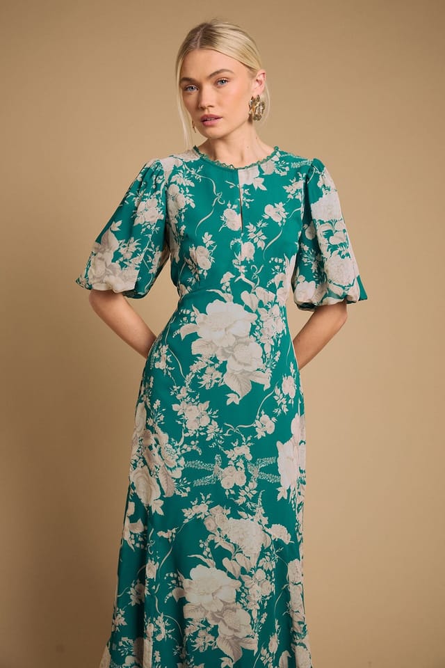 Oasis Oasis Women's Puff Sleeve Trim Detail Panelled Tea Dress in Green - 2