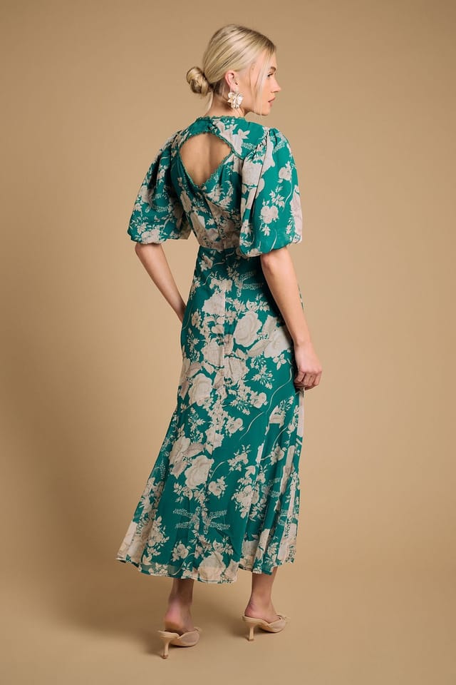 Oasis Oasis Women's Puff Sleeve Trim Detail Panelled Tea Dress in Green - 3