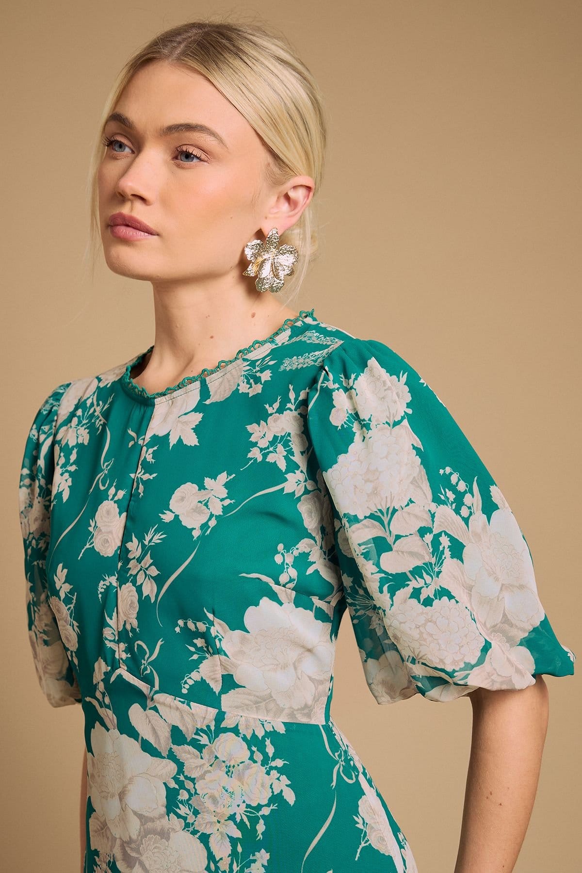 Oasis Oasis Women's Puff Sleeve Trim Detail Panelled Tea Dress in Green - 4