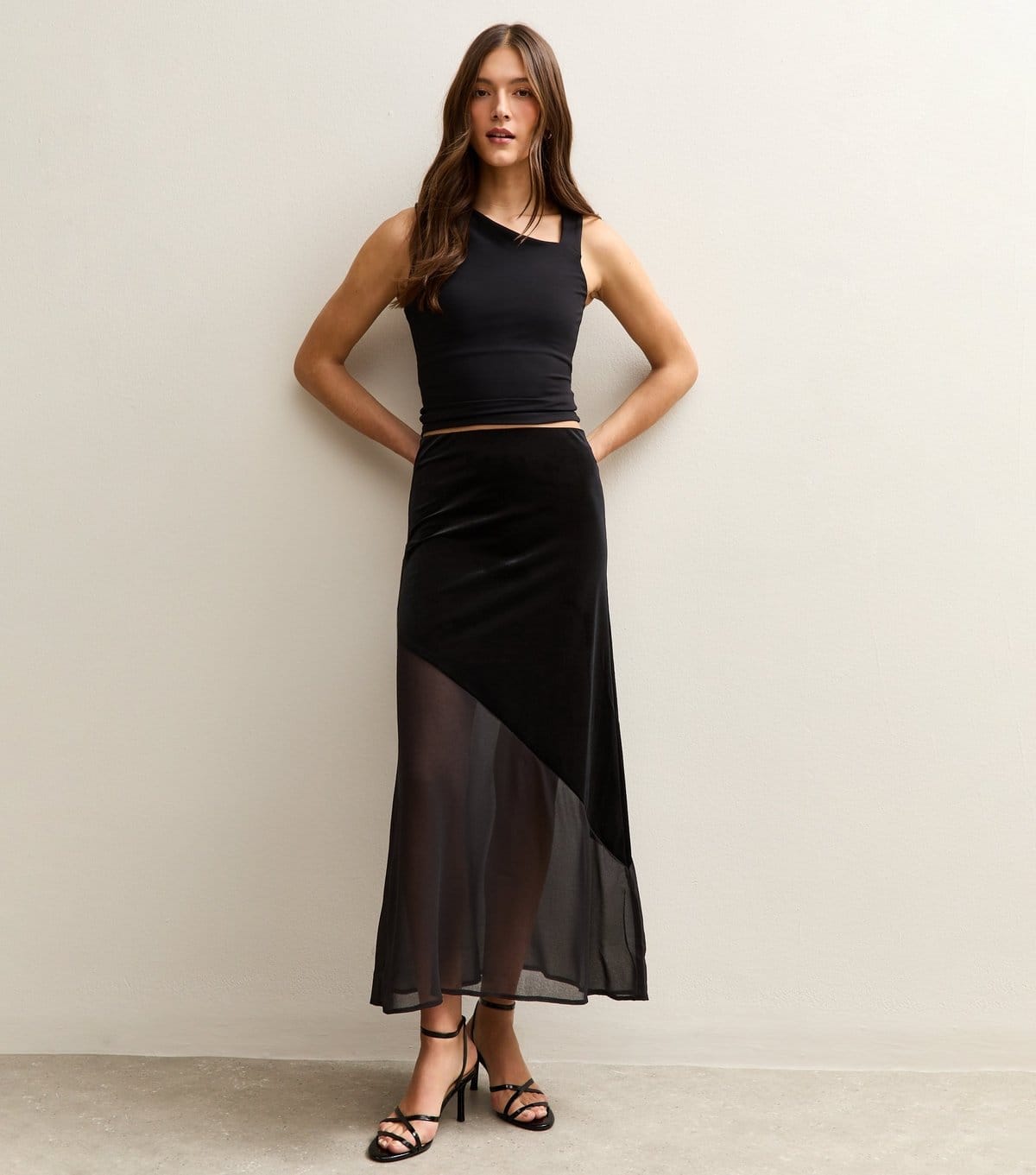 New Look Black Velvet and Chiffon Midi Skirt