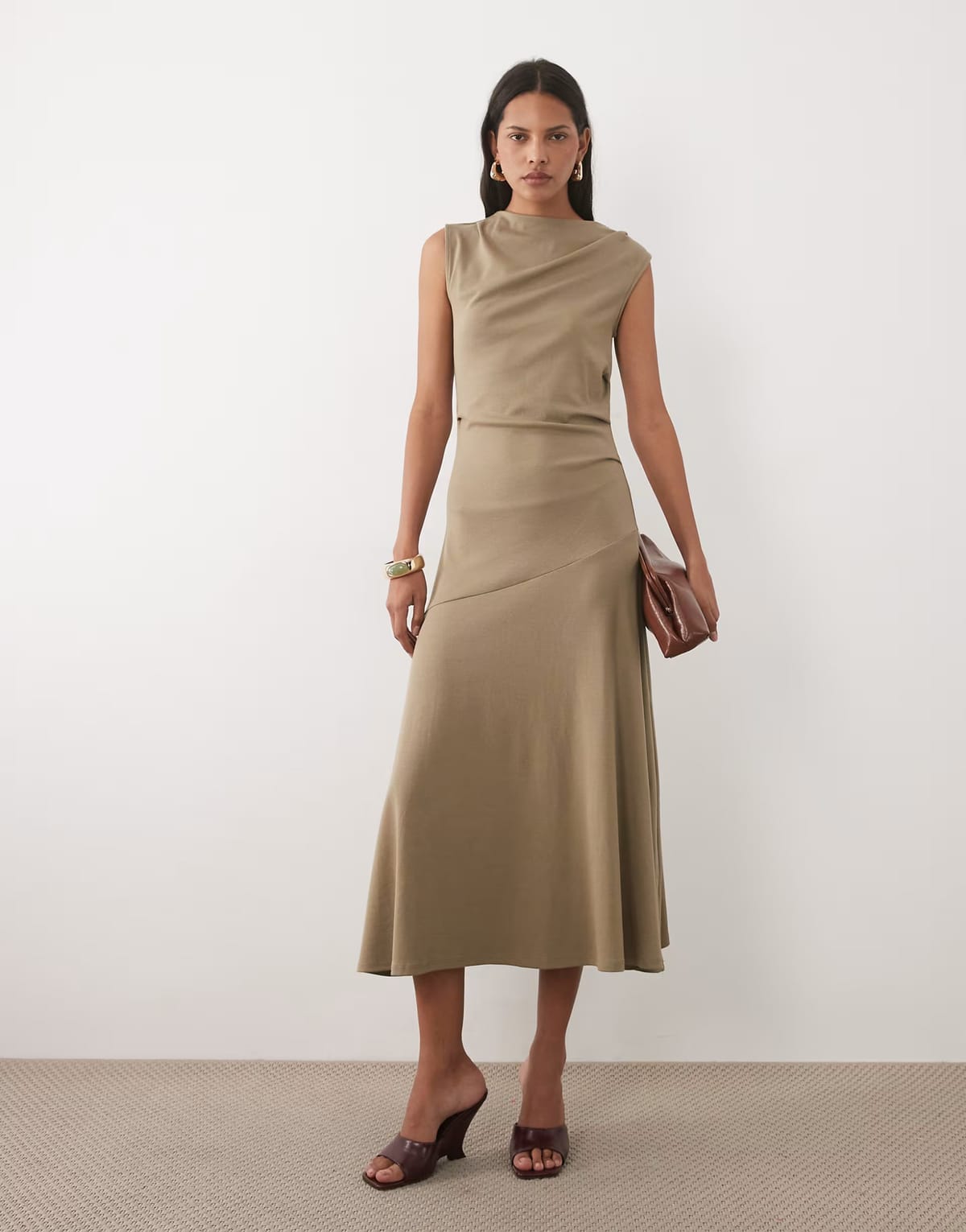 ASOS Mango boat neck sleeveless maxi dress in khaki - 1
