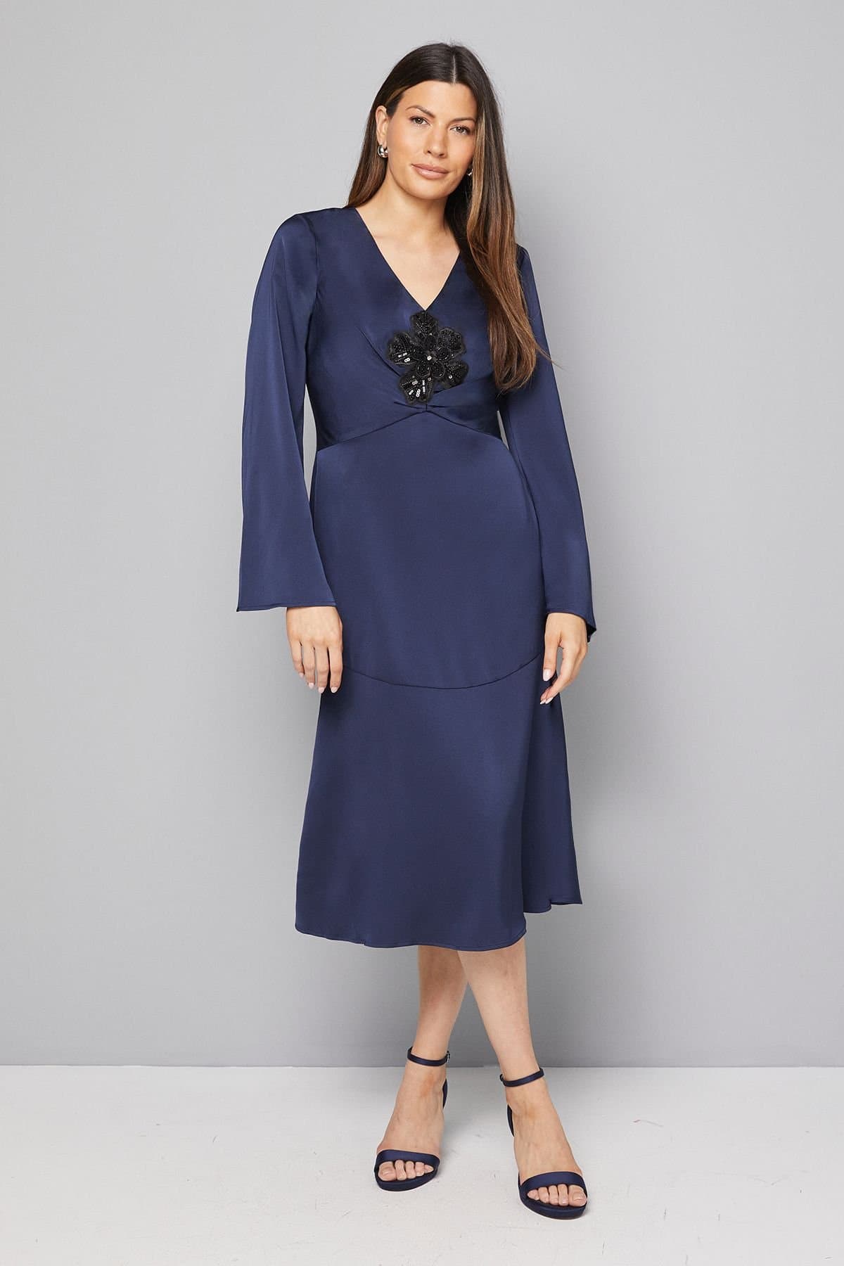 Wallis Wallis Women's Satin Sequin Flower Midi Dress in Midnight