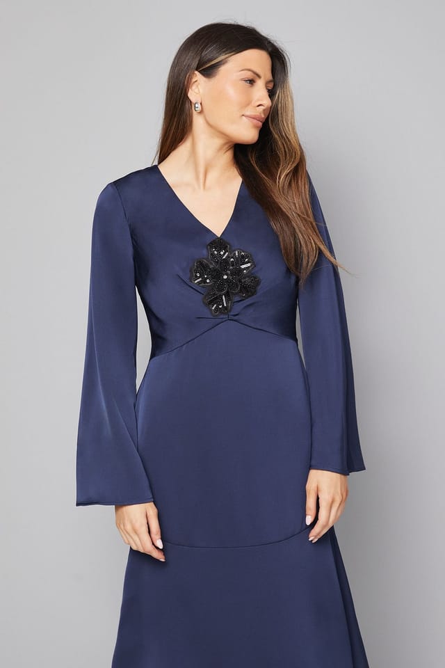 Wallis Wallis Women's Satin Sequin Flower Midi Dress in Midnight - 2