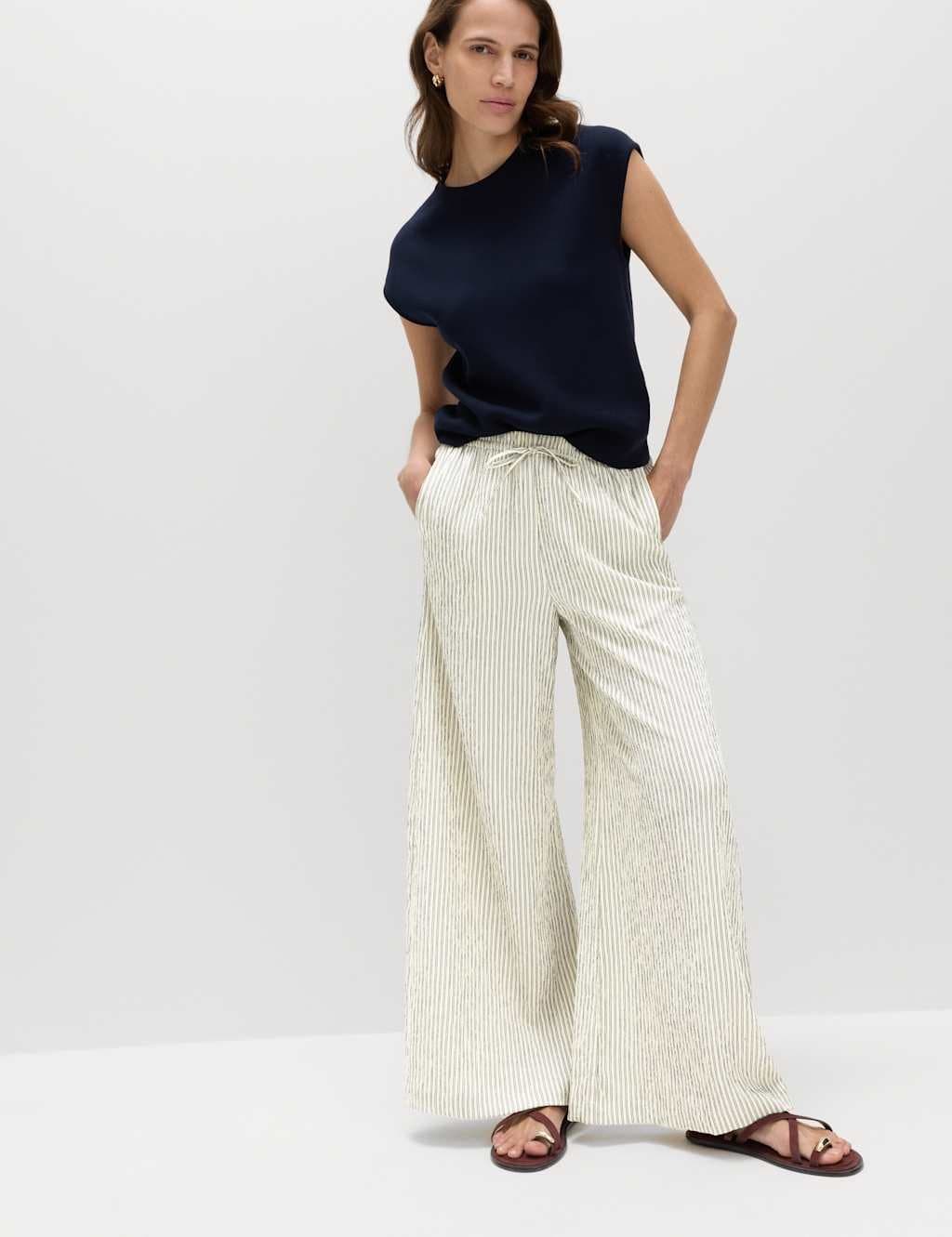 Marks & Spencer M&S Seersucker Pull On Wide Leg Trousers Navy Mix