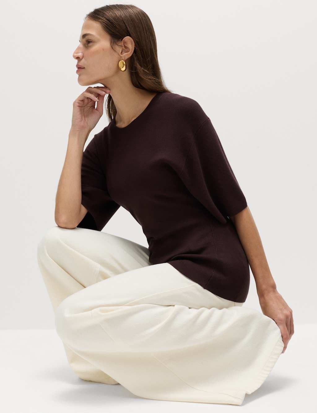 Marks & Spencer M&S Crew Neck Waisted Slim Fit Knitted Top Raisin