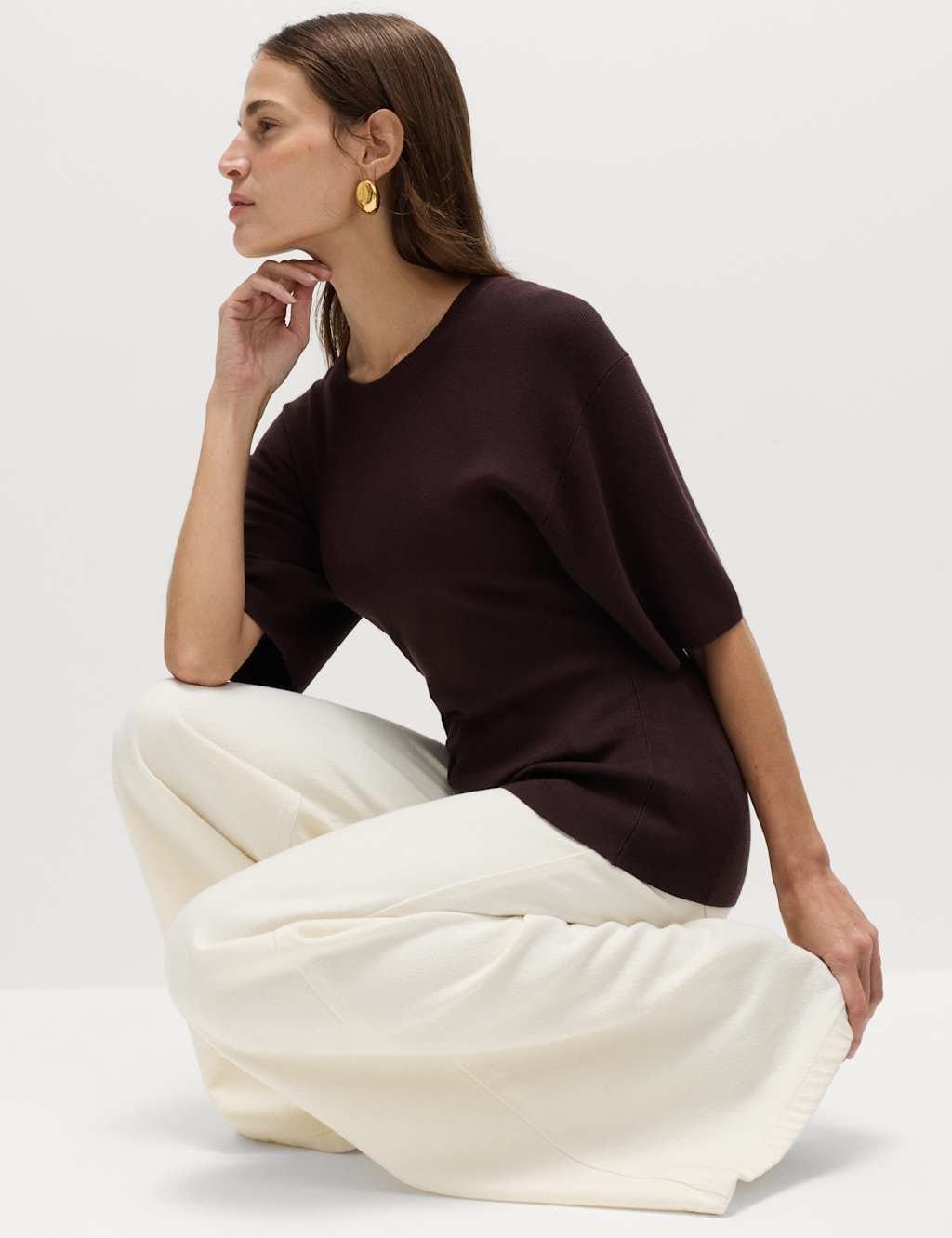 M&S Raisin Crew Neck Waisted Slim Fit Knitted Top