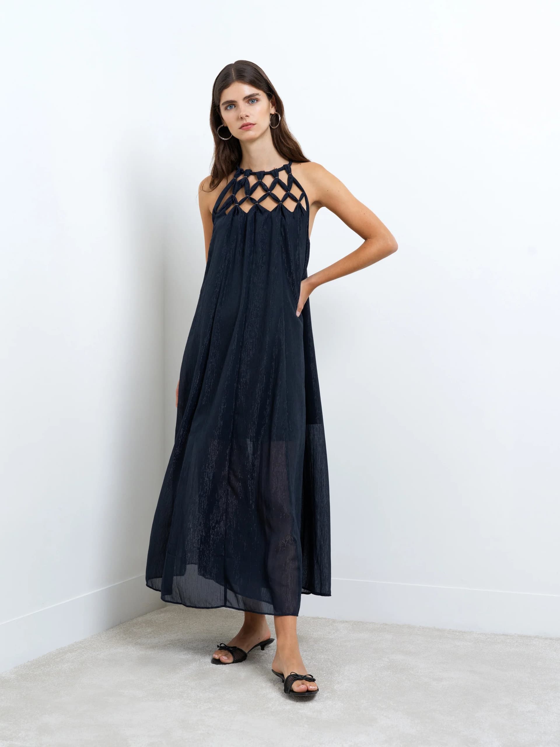 French Connection Beth Lurex Halterneck Maxi Dress New Navy Blue