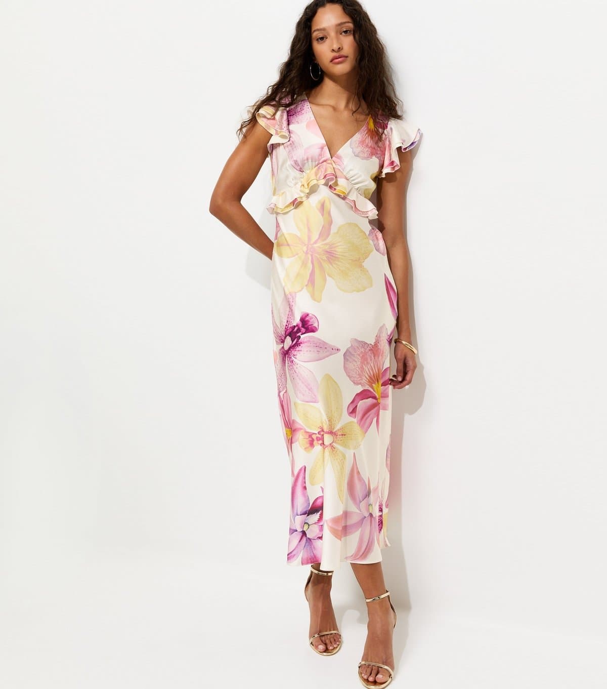 unknown Women's Cream Satin Orchid Print Flutter Sleeve Midi Dress  New Look