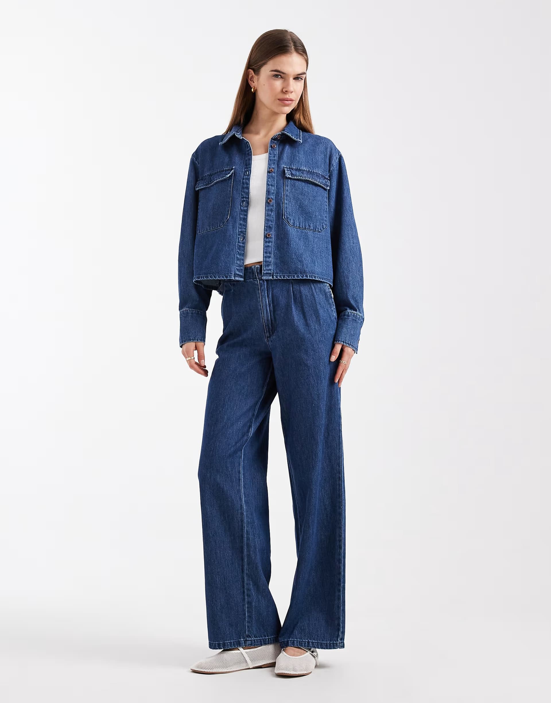 ASOS Vero Moda Rae pleat front wide leg jeans co-ord in medium blue denim