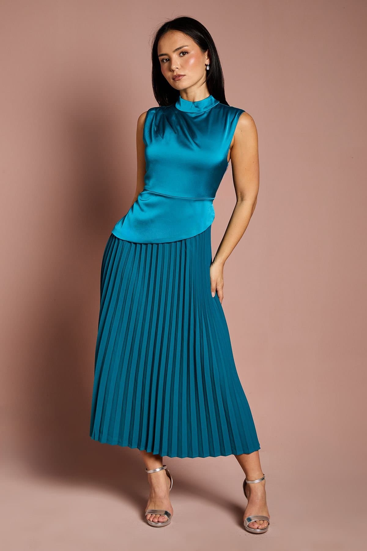 Coast Coast Women's Petite Drape High Neck Pleated Skirt Midi Dress in Teal