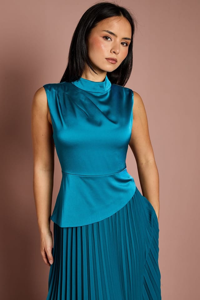 Coast Coast Women's Petite Drape High Neck Pleated Skirt Midi Dress in Teal - 2