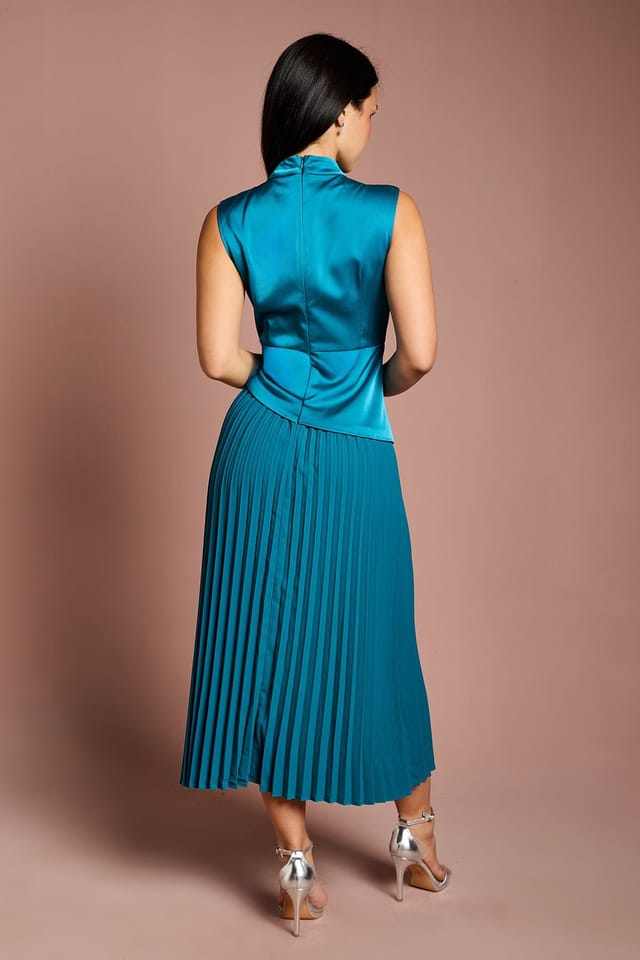 Coast Coast Women's Petite Drape High Neck Pleated Skirt Midi Dress in Teal - 3