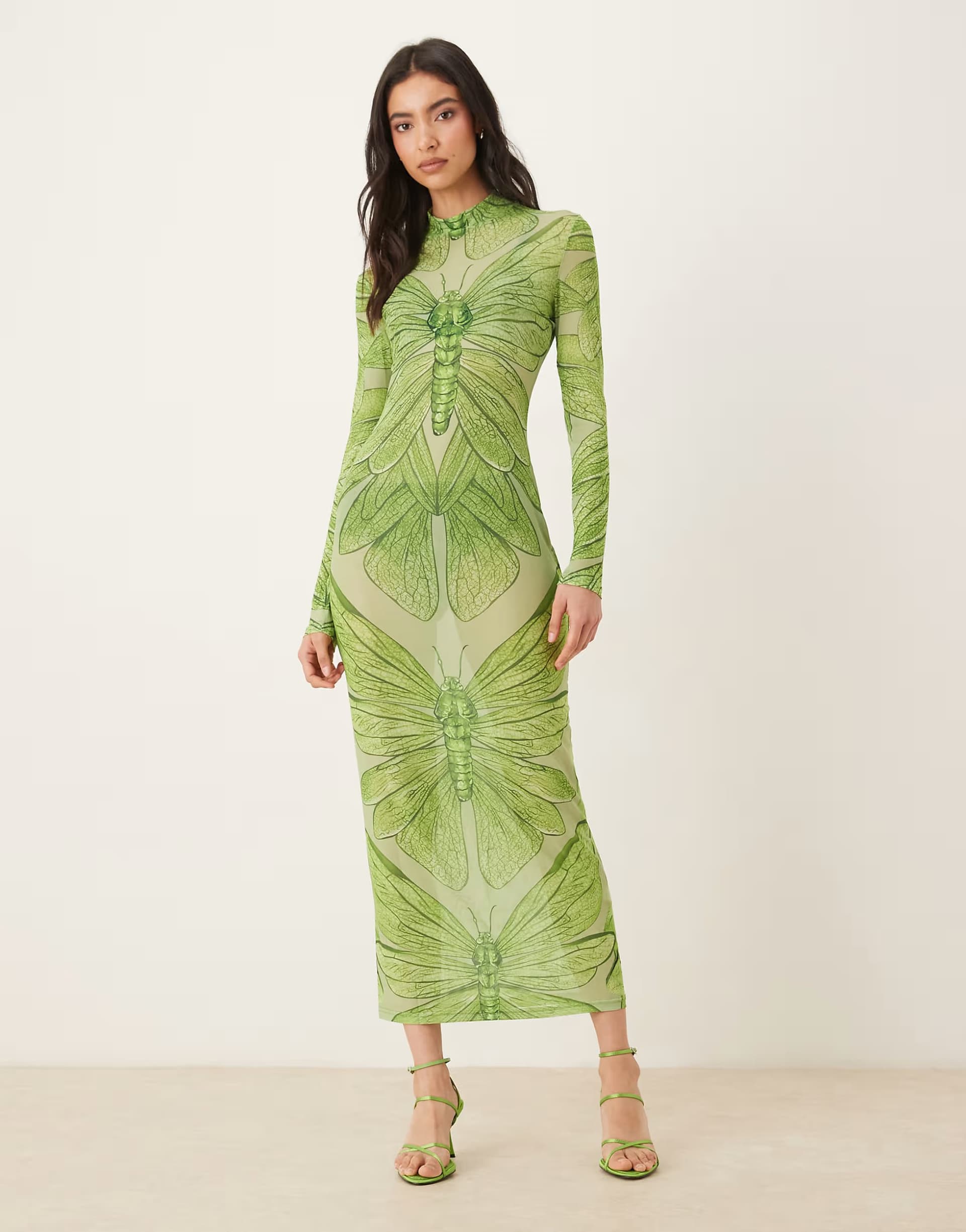 ASOS JW PEI sheer mesh long sleeve midaxi dress in green butterfly print