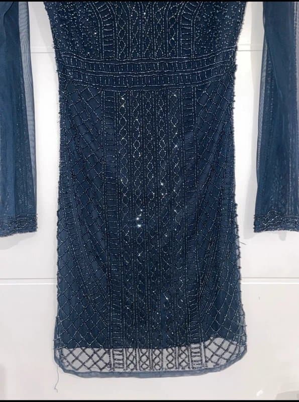 Lace & Beads Lace & Beads Navy Blue Sheer Sleeve Embellished Dress Size S Occasion Party Wedding festive