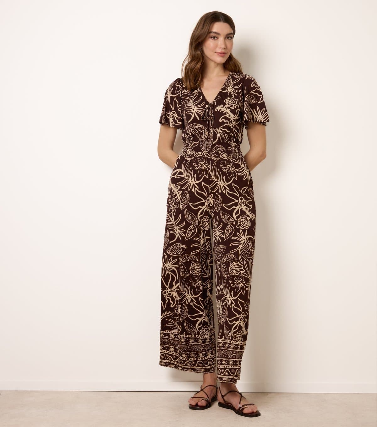 Blue Vanilla Women's Brown Floral Short Sleeve Jumpsuit Blue Vanilla New Look