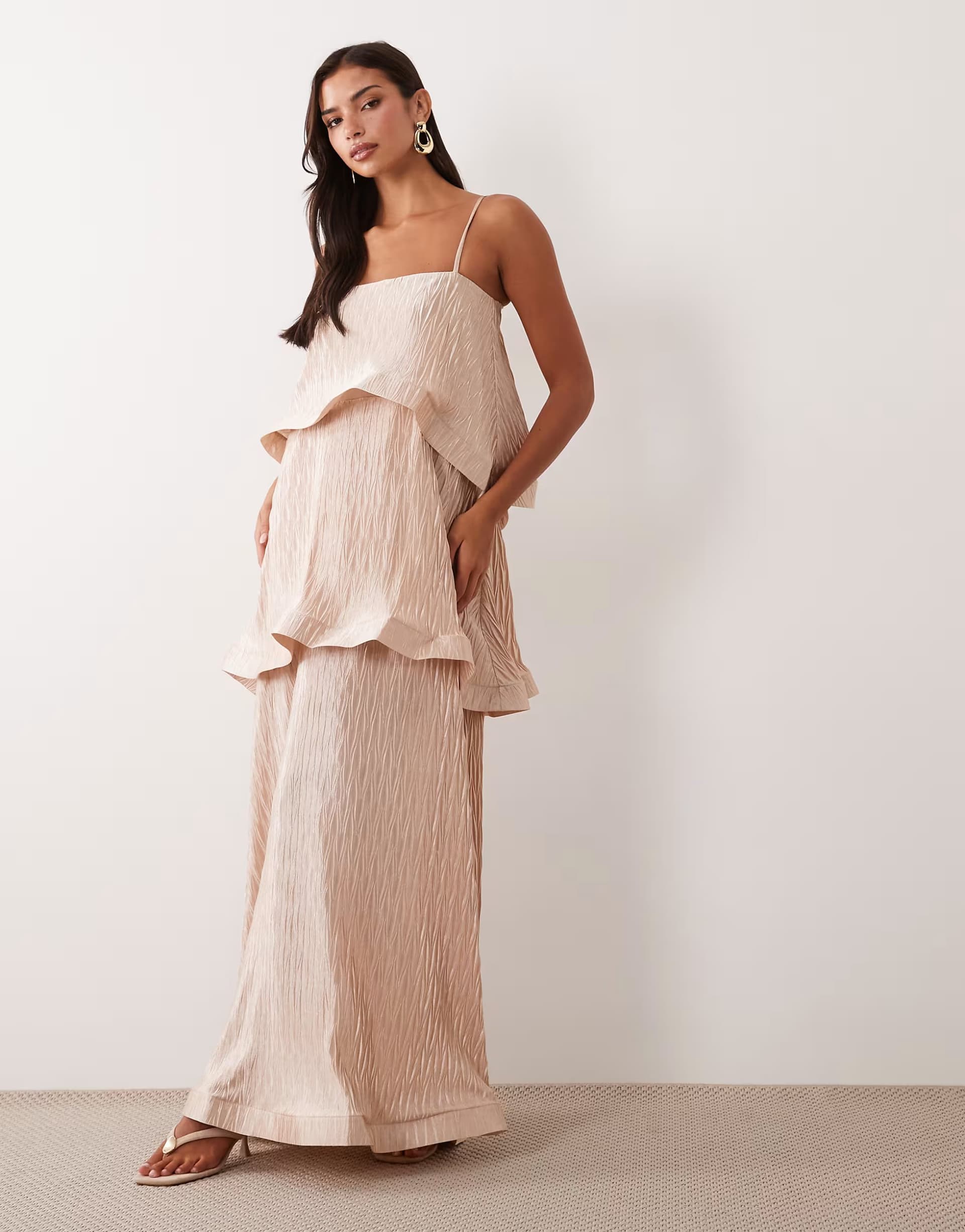 ASOS ASOS DESIGN zigzag plisse tiered trapeze maxi dress in champagne