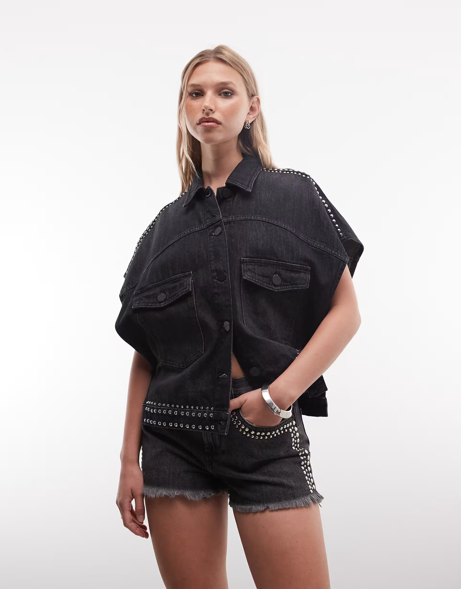 ASOS AllSaints Heidi co-ord stud detail denim shorts in washed black