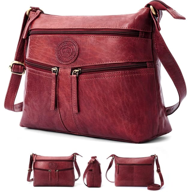 Woodland Leathers Woodland Leathers Women's Genuine Leather Multi Pocket Crossbody Soulder Bag in Burgundy - 2