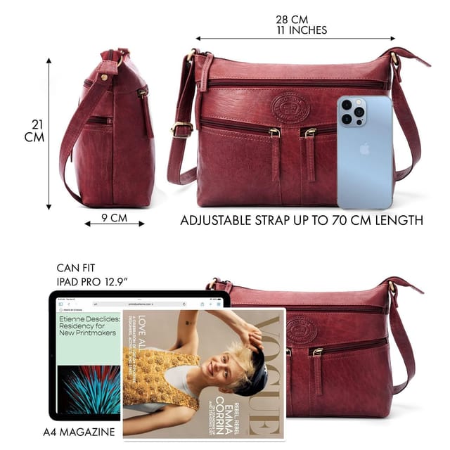 Woodland Leathers Woodland Leathers Women's Genuine Leather Multi Pocket Crossbody Soulder Bag in Burgundy - 3