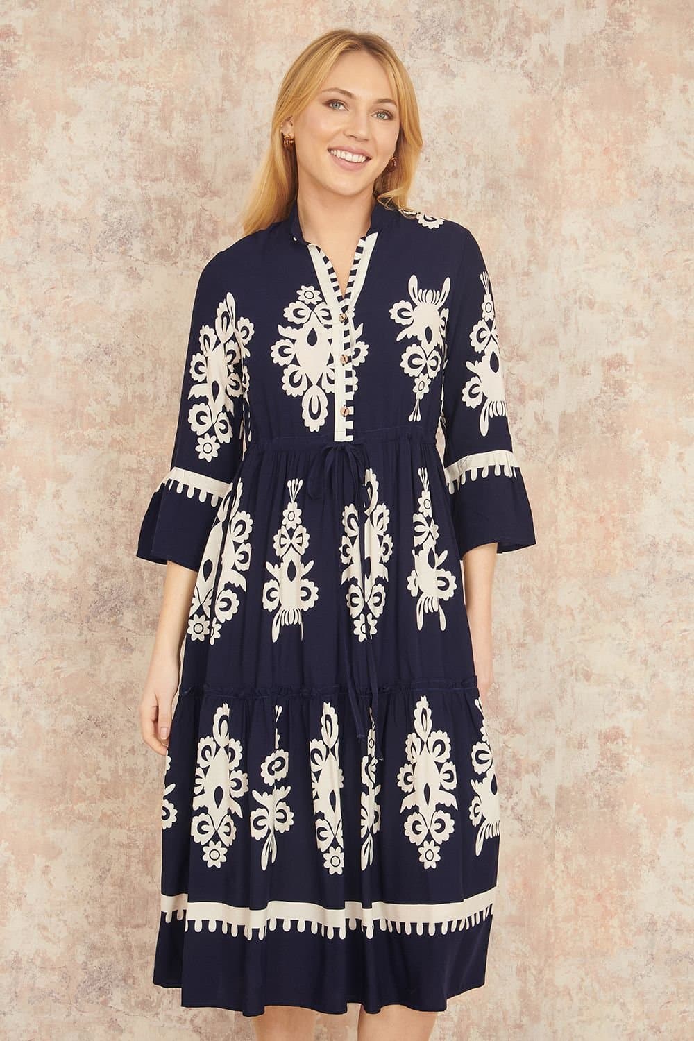 Yumi Yumi Women's Navy Viscose Midi Dress With Long Sleeves