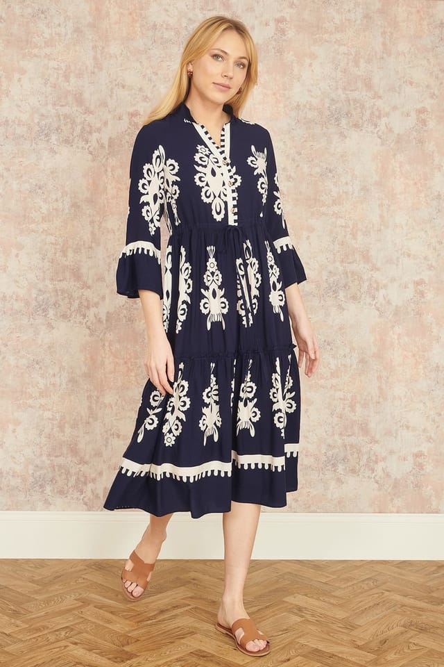 Yumi Yumi Women's Navy Viscose Midi Dress With Long Sleeves - 2