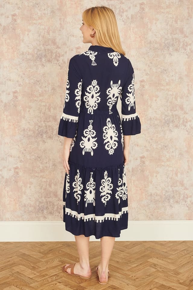 Yumi Yumi Women's Navy Viscose Midi Dress With Long Sleeves - 3