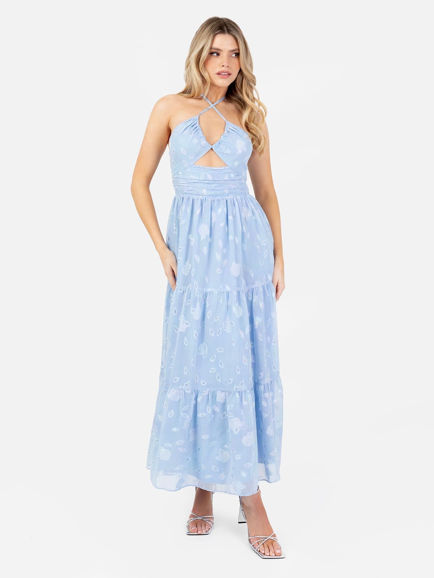 Maya Deluxe Maya Deluxe Women's Iridescent Floral Burnout Crossover Halter Neck Midaxi Dress in Blue