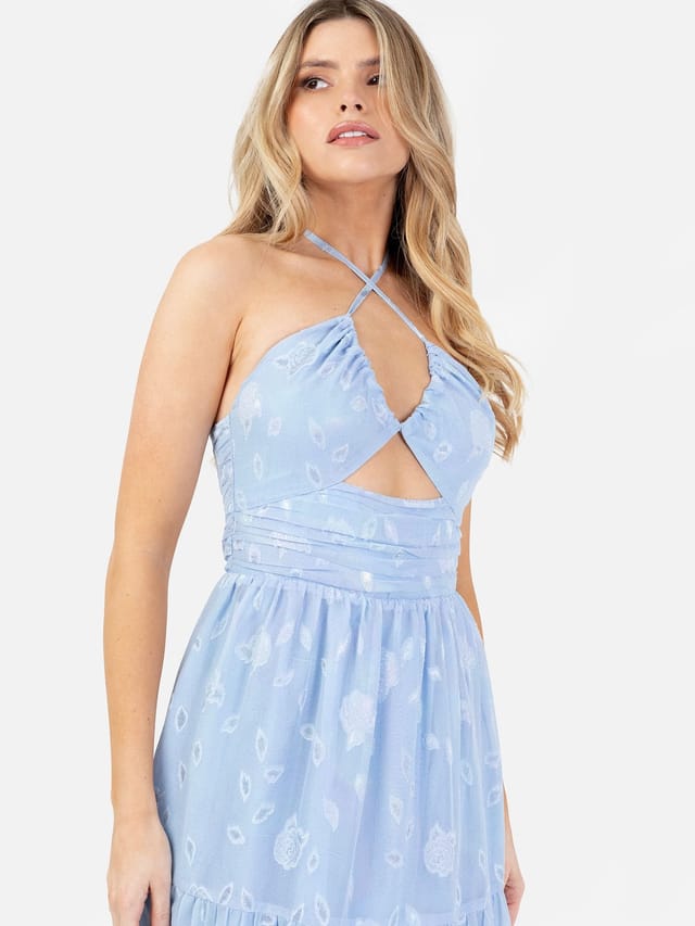 Maya Deluxe Maya Deluxe Women's Iridescent Floral Burnout Crossover Halter Neck Midaxi Dress in Blue - 2