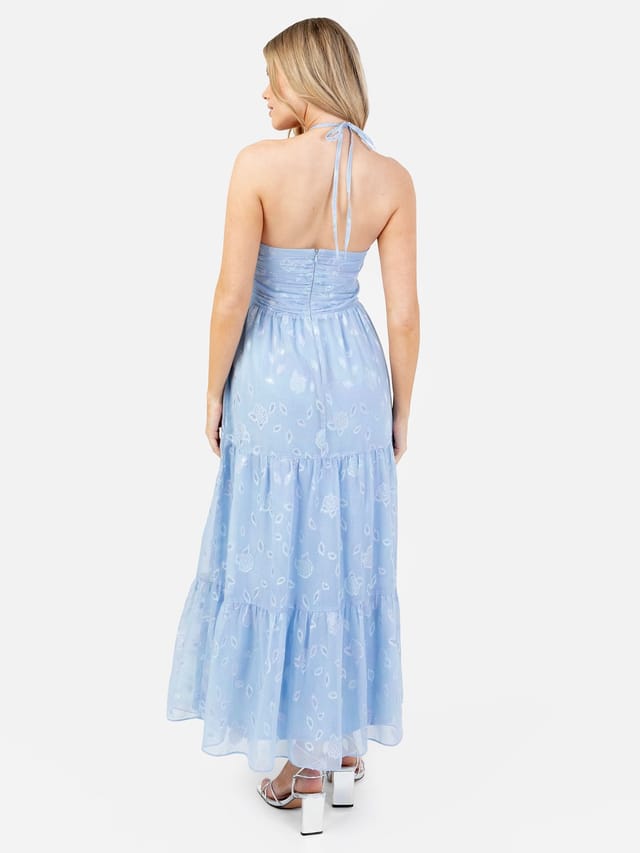 Maya Deluxe Maya Deluxe Women's Iridescent Floral Burnout Crossover Halter Neck Midaxi Dress in Blue - 3