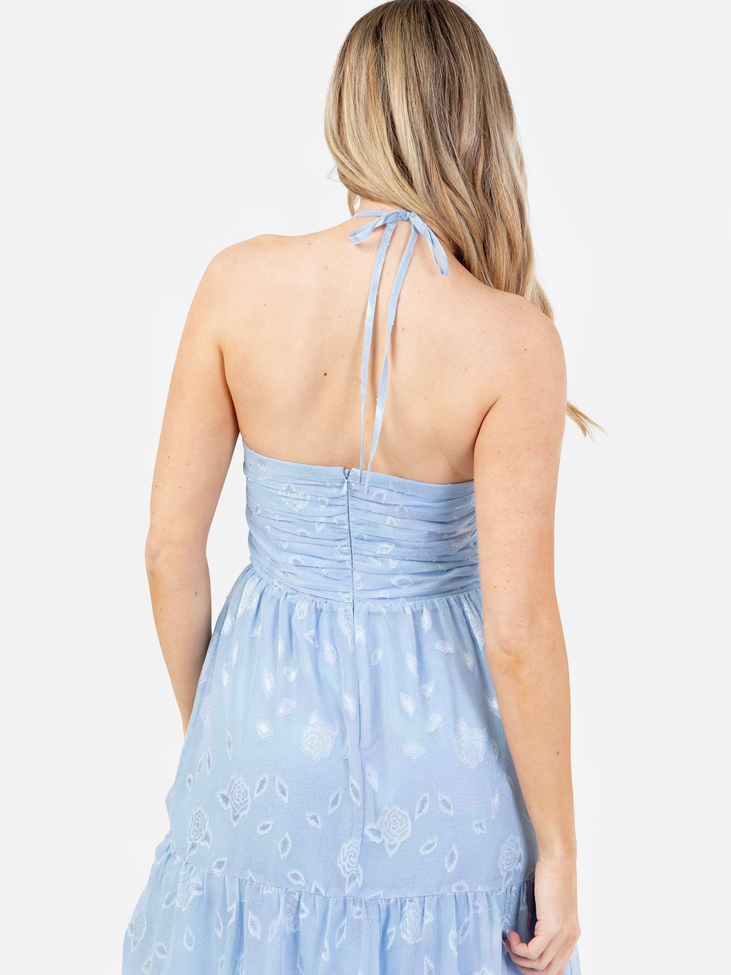 Maya Deluxe Maya Deluxe Women's Iridescent Floral Burnout Crossover Halter Neck Midaxi Dress in Blue - 4
