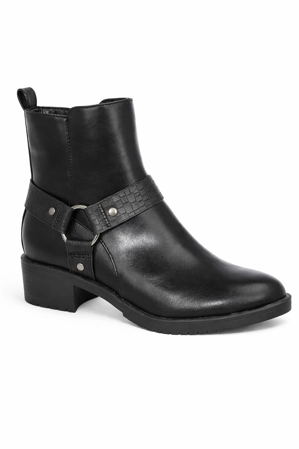Spot On Spot On Women's Ankle Biker Boots - Faux Strap & Buckle Detail Block Heel Boots in Black - 1