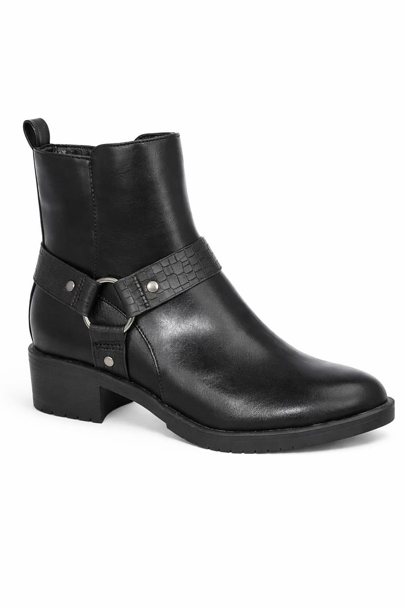 Spot On Spot On Women's Ankle Biker Boots - Faux Strap & Buckle Detail Block Heel Boots in Black - 1