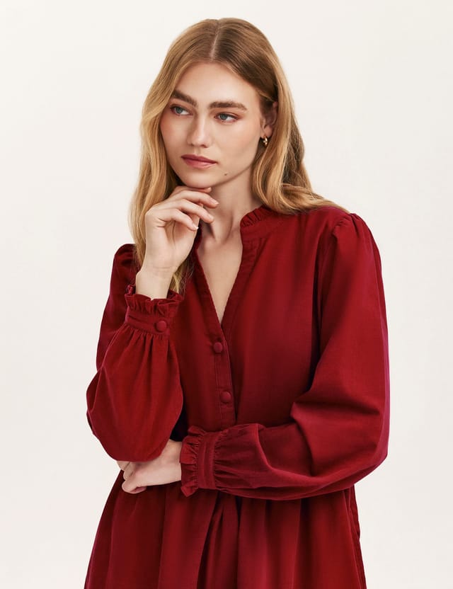 Finery London Finery London Women's Verona Corduroy Tiered Short Dress in Wine - 2