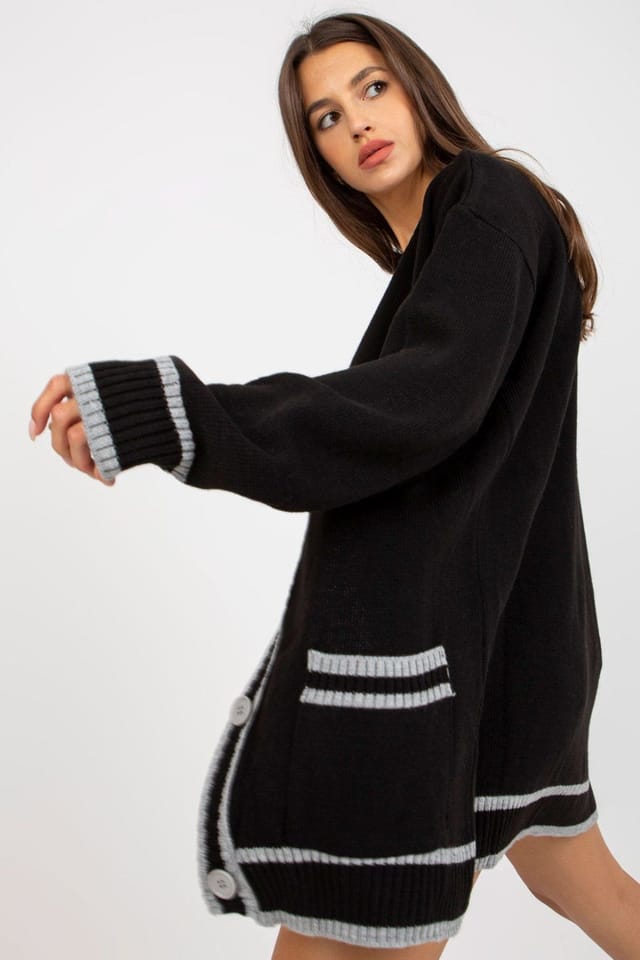 Love Lace Love Lace Women's Long Sleeve Cardigan with Contrast Trim in Black - 2