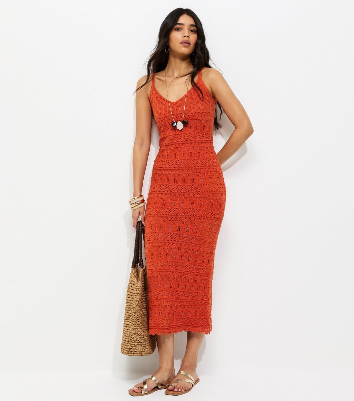 New Look Women's Bright Orange Cotton Rich Open Knit V-Neck Midi Dress New Look