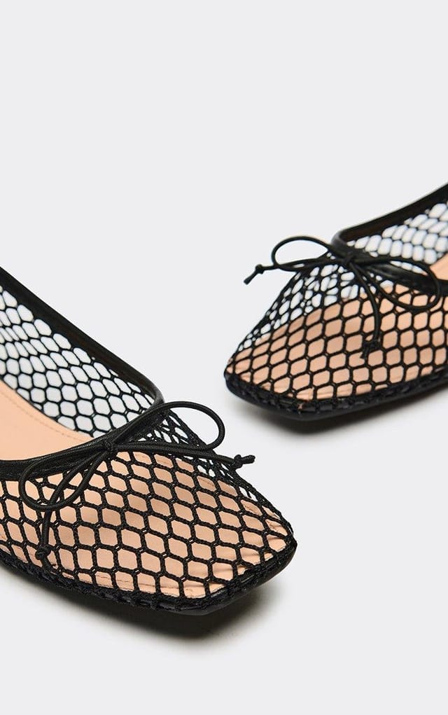 EGO Dollz Bow Detail Square Toe Flat Ballet Pump In Black Mesh, Women's Size UK 3 - 2