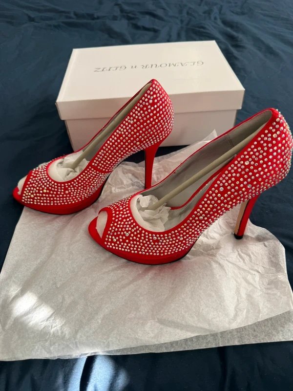 Glamour n glitz Women’s Sparkly Red Satin Glamour N Glitz Open Toe Stiletto UK Size 7 - 1