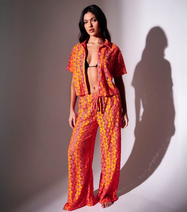 South Beach Women's Orange Floral Crochet Wide Leg Beach Trousers South Beach New Look - 2