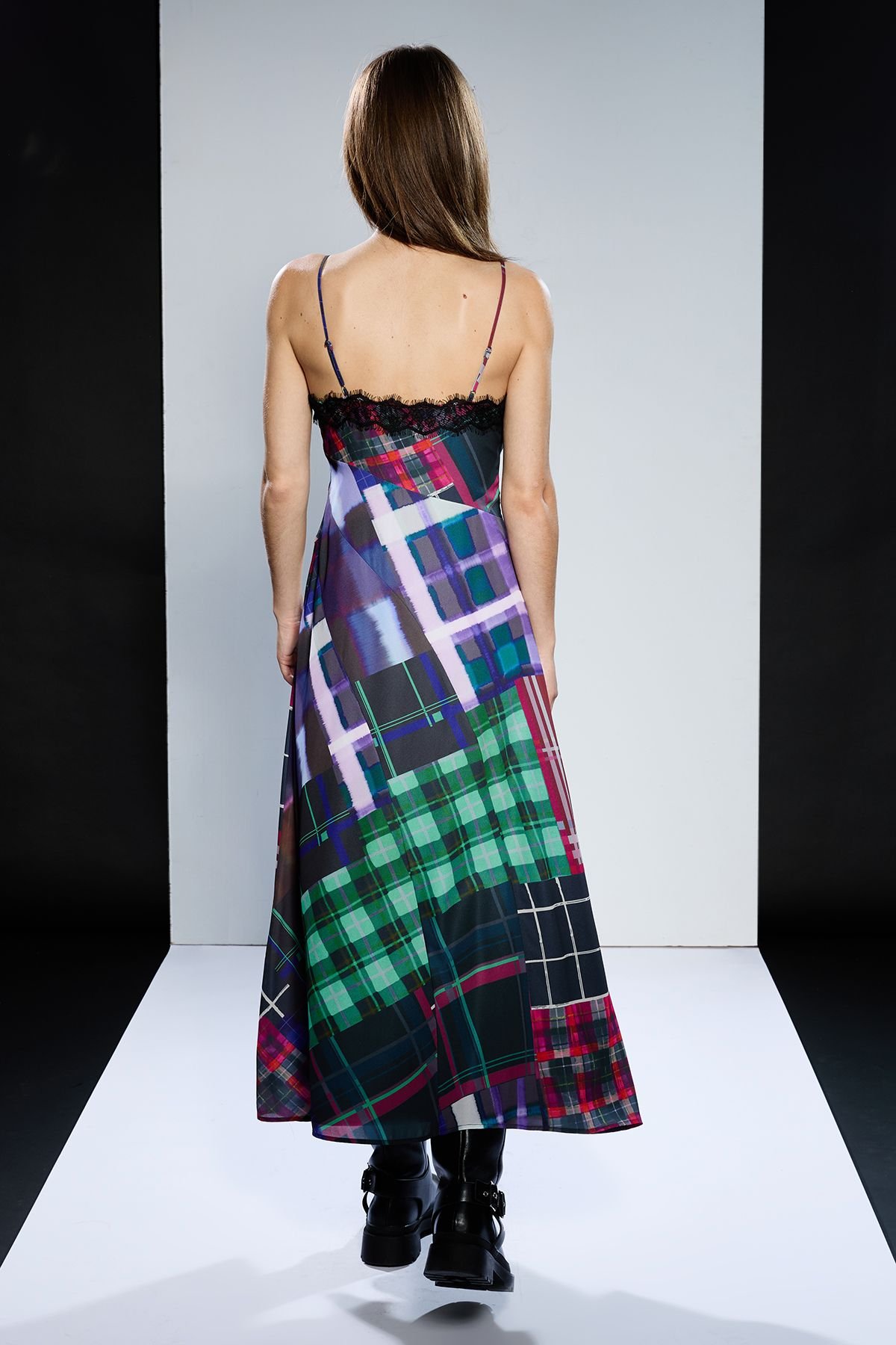 RUNWAY 1.8.1.8 RUNWAY 1.8.1.8 Women's Strappy Lace Detail Check Midi Slip Dress - 3