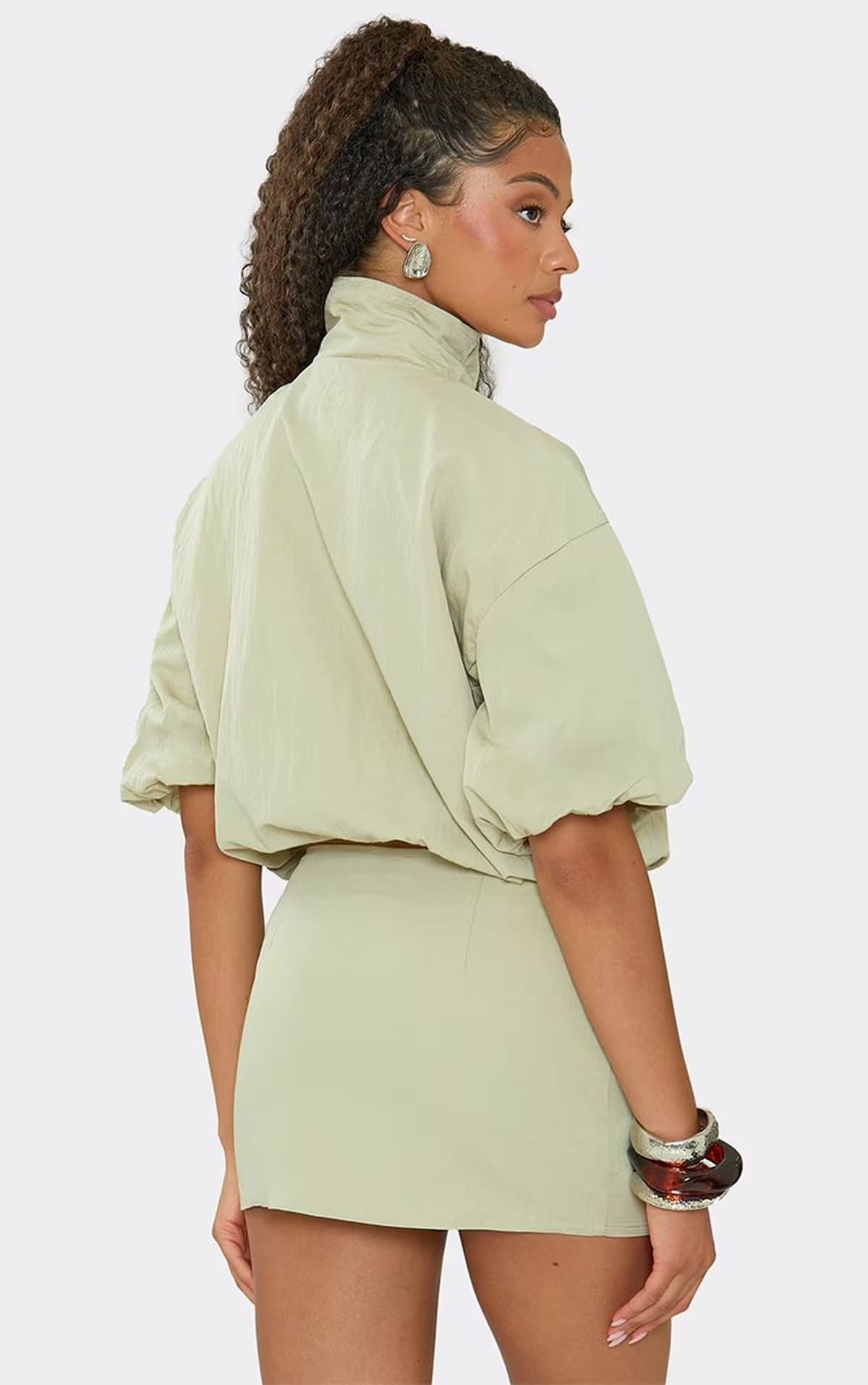 EGO Short Sleeve Funnel Neck Pocket Detail Jacket In Sage Green., Women's Size UK 6