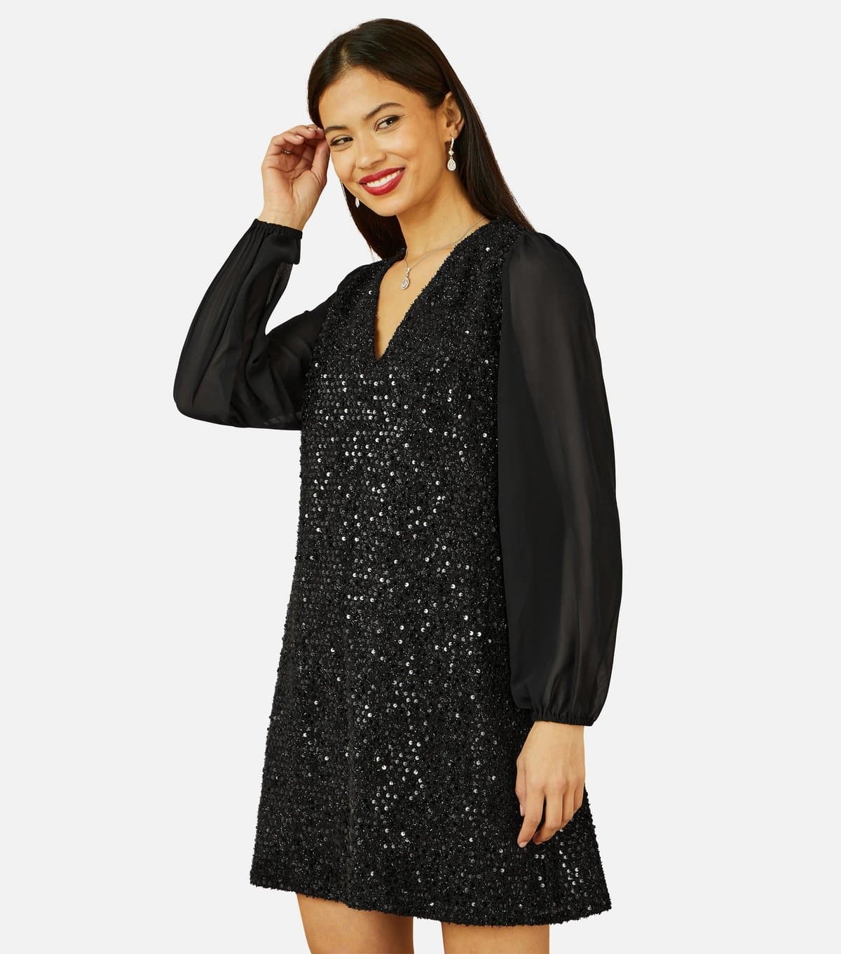Yumi Women's Black Sequin V Neck Tunic Dress Yumi New Look
